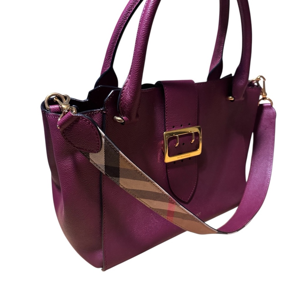 Authentic Burberry Purple Leather Tote with Nova Check Strap